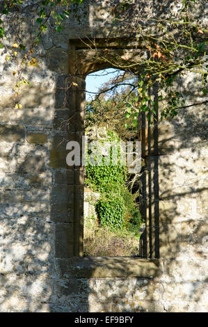 Passage de la fenêtre dans les ruines de l'abbaye de Jervaulx près de Masham dans Yorkshire du Nord Banque D'Images