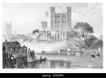 Gravure sur acier 1842 de châteaux et abbayes de l'Angleterre Rochester Castle Banque D'Images