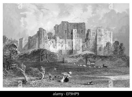 Gravure sur acier 1842 de châteaux et abbayes de l'Angleterre, le château de Kenilworth Warwickshire Norman Tudor Banque D'Images