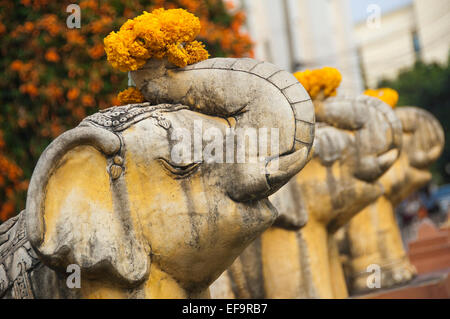 Close up of horizontal une rangée d'éléphants en pierre au Wat Doi Suthep à Chiang Mai. Banque D'Images