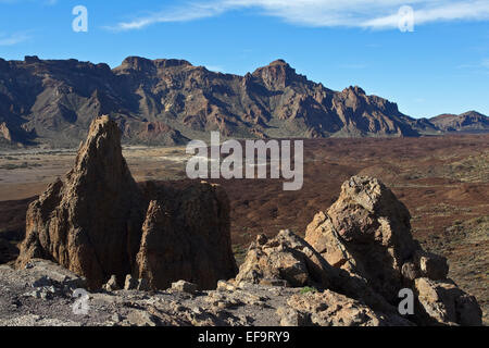 La Catedral en face de Roques del Almendro, El Sombrerito et Llano de Ucanca, Las Cañadas del Teide, le Parc National du Teide, Banque D'Images