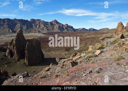 La Catedral en face de Roques del Almendro, El Sombrerito et Llano de Ucanca, Las Cañadas del Teide, le Parc National du Teide, Banque D'Images