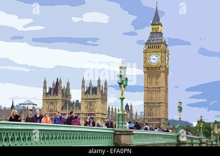 Un style poster interprétation de Westminster Bridge, Big Ben et les chambres du Parlement, Londres, Angleterre, Royaume-Uni Banque D'Images