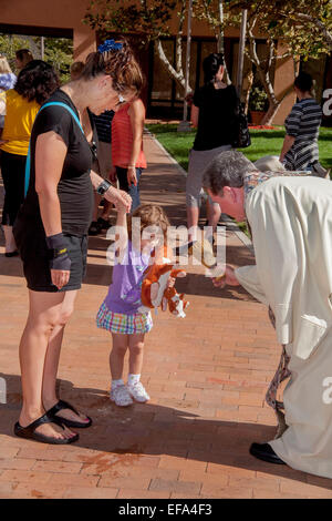 Comme sa mère tient sa main un prêtre bénit une petite fille lapin jouet à la bénédiction des animaux sur la fête de saint François d'assise à l'Église catholique saint Timothée, Laguna Niguel, CA. Remarque L'eau sainte protection sprinkleur Banque D'Images