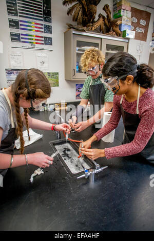 Les étudiants de chimie de l'école secondaire multiraciale laver la verrerie de laboratoire après une expérience à San Clemente, CA. Note des lunettes et des tabliers. Banque D'Images