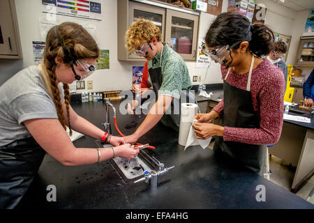 Les étudiants de chimie de l'école secondaire multiraciale laver la verrerie de laboratoire après une expérience à San Clemente, CA. Note des lunettes et des tabliers. Banque D'Images