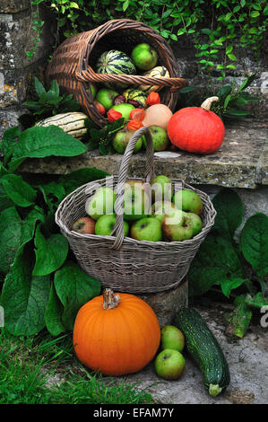 Fruits et légumes de l'automne sur un siège de jardin UK Banque D'Images