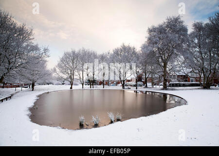 La neige a couvert Baddesley Ensor en Amérique du Warwickshire, Royaume-Uni. L'étang gelé. Banque D'Images