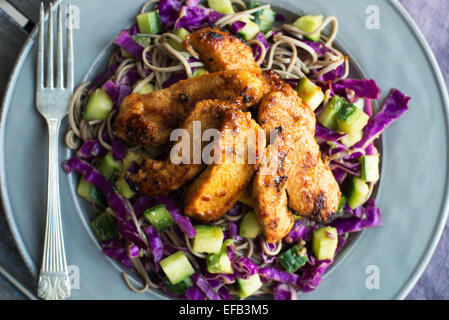 Poulet Thaï froid avec salade de chou nouilles soba Banque D'Images