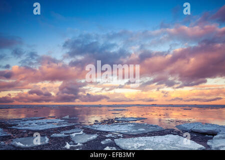 Paysage côtier d'hiver avec des glaces flottantes sur l'eau de mer aux couleurs ciel nuageux la réflexion. Golfe de Finlande, Russie Banque D'Images