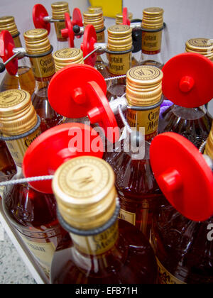 Les étiquettes de sécurité sur les bouteilles de whisky, de l'alcool dans un supermarché Tesco (un) Banque D'Images