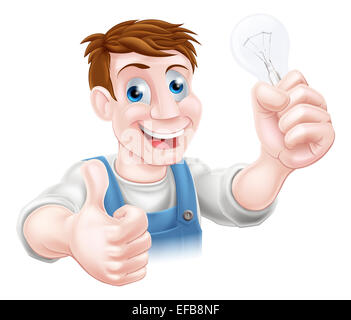 Un dessin animé electrician holding une ampoule et de donner un coup de pouce Banque D'Images