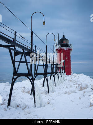 Phare de South Haven en hiver Banque D'Images