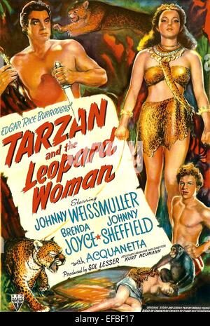 JOHNNY WEISSMULLER, BRENDA JOYCE, JOHNNY SHEFFIELD, affiche de film TARZAN ET LA FEMME LÉOPARD, 1946 Banque D'Images