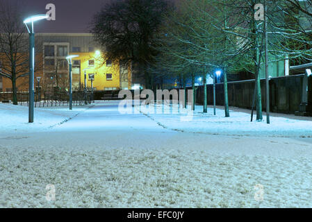 Appartements dans les jardins d'Errol vu du jardin de roses, Gorbals de nuit après une chute de neige. Banque D'Images