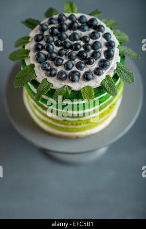 Belle éponge joyeux anniversaire avec gâteau mascarpone et raisins sur le cake stand Banque D'Images