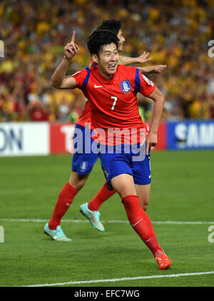 Sydney, Australie. Jan 31, 2015. Corée du sud de la Fils Heung Min (avant) célèbre après avoir marqué pendant le match final contre l'Australie à la coupe d'Asie de l'AFC 2015 à Sydney, Australie, le 31 janvier 2015. Credit : Guo Yong/Xinhua/Alamy Live News Banque D'Images