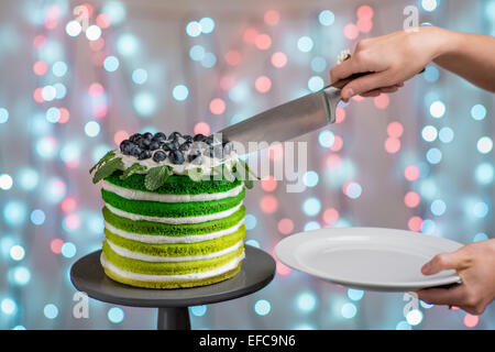 Belle Coupe Gateau Eponge Verte Sur Fond De Fete Avec Lumiere Effet Bokeh Photo Stock Alamy