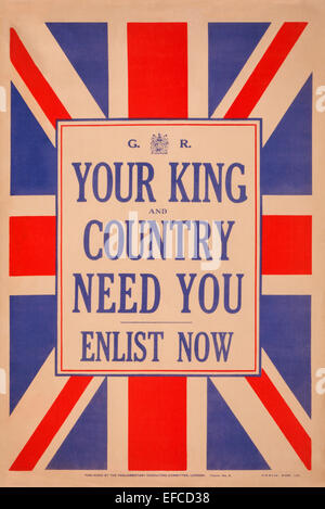 'Votre roi et votre pays ont besoin de vous' affiche de recrutement 1914. Banque D'Images