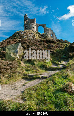 Mow Cop château, une folie sur le Cheshire-Staffordshire ; des mesures aux frontières et le chemin en premier plan ; ciel bleu avec des nuages blancs. Banque D'Images