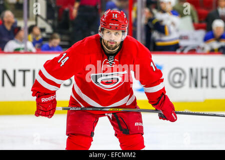Raleigh, Caroline du Nord, USA. 30Th Jan, 2015. Les Hurricanes de la Caroline de l'aile gauche Nathan Gerbe (14) au cours de la partie de la LNH entre le St Louis Blues et les Hurricanes de la Caroline au PNC Arena. Le St Louis Blues a défait les Hurricanes de la Caroline 3-2 en prolongation. Credit : Andy Martin Jr./ZUMA/Alamy Fil Live News Banque D'Images