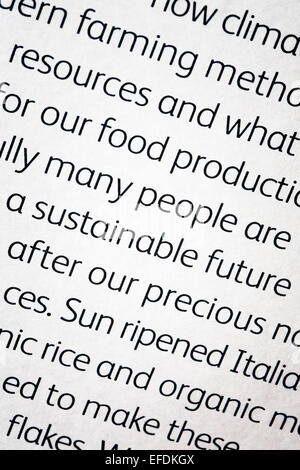 Texte sur le dos d'un paquet de céréales. Banque D'Images