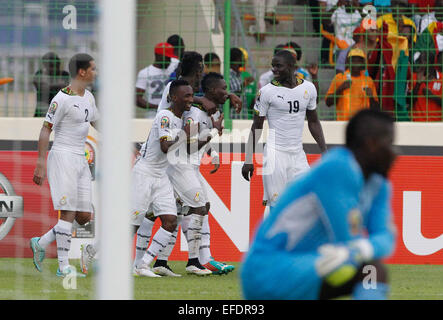 Malabo, Guinée équatoriale. 1er février, 2015. Les joueurs du Ghana célèbrent pendant le match de quart de finale de la coupe d'Afrique des nations entre le Ghana et la Guinée à Malabo, en Guinée équatoriale, le 1 février 2015. Le Ghana a gagné 3-0. Crédit : Li Jing/Xinhua/Alamy Live News Banque D'Images