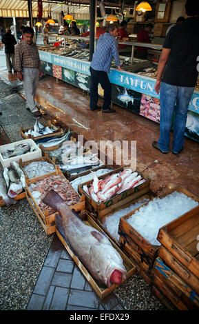 Pour la vente de poisson dans les glaces dans les Boîtes et caisses en bois du marché de poissons de Turquie Marmaris Turquie Banque D'Images