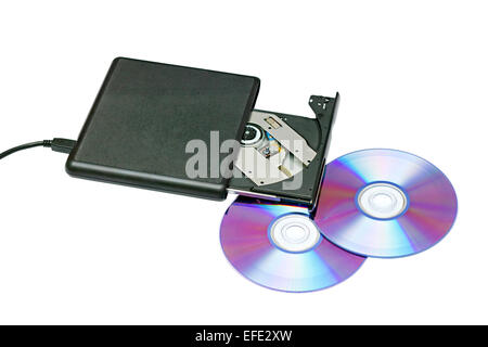 Lecteur de dvd externe et disques sur un fond blanc Banque D'Images