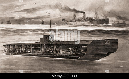 Un dessin d'un sous-marin allemand submergé dans les eaux britanniques pendant la Première Guerre mondiale. Le nombre 65 est à noter que l'Allemagne soit indiquant la force réelle dans les sous-marins à l'époque ou la force qu'elle souhaitait que le monde à croire qu'elle possédait. Banque D'Images