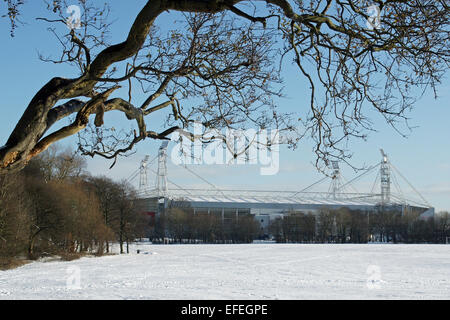 Deepdale Stadium, domicile de Preston North End, d'une lande couverte de neige, parc de Preston. Premier match de football association a organisé en 1878. Banque D'Images