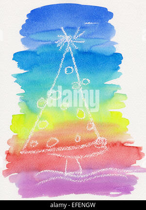 L'aquarelle d'un arbre de Noël décoré en couleurs arc-en-ciel Banque D'Images