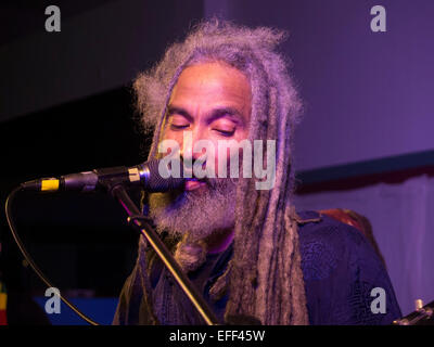 Musicien reggae africain-américain chante dans sa famille ReBelle de la bande, Northampton, MA, New Years Eve 2015 Banque D'Images