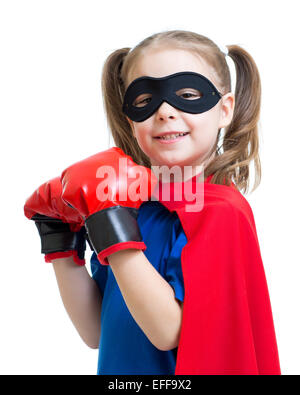 Super Héros kid wearing boxing gloves Banque D'Images