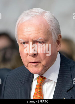 États-unis le sénateur Orrin Hatch (républicain de l'Utah), Président pro tempore du Sénat des États-Unis et président du comité des finances du Sénat américain, les questions des témoins au cours de la deuxième journée de le comité du Sénat américain sur la magistrature audience sur la confirmation de Loretta Lynch, Procureur des États-Unis pour le District Est de New York, Département américain de la Justice, Brooklyn, NY comme procureur général des États-Unis sur la colline du Capitole à Washington, D.C. le jeudi 29 janvier 2015. Credit : Ron Sachs / CNP /dpa - PAS DE FIL - SERVICE Banque D'Images