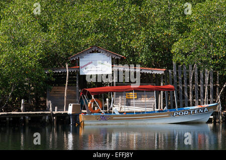 Maison sur pilotis sur l'eau et la végétation tropicale dense et bateau en arrière-plan, Bocas del Toro, Panama, la mer des Caraïbes. Scieries Banque D'Images