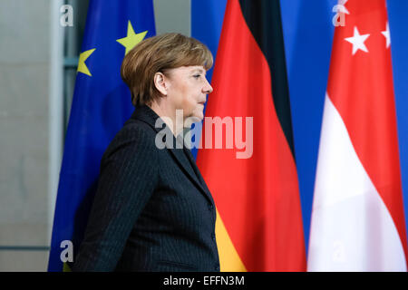 Berlin, Allemagne. 06Th Feb 2015. Premier Ministre de Singapour Lee Hsien Loong et et la Chancelière allemande Angela Merkel de donner une conférence de presse conjointe après réunion à la chancellerie allemande, 03 février 2015 à Berlin, Allemagne. / Photo : la chancelière allemande Angela Merkel. Credit : Reynaldo Chaib Paganelli/Alamy Live News Banque D'Images