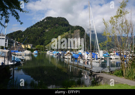 Avis de Beckenried Marina avec le Mont Pilate dans l'arrière-plan Banque D'Images