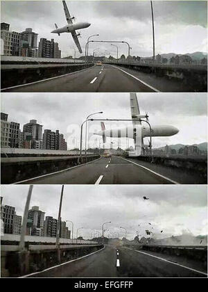 Taipei, Taiwan. 4e Février, 2015. Photos prises par un combiné enregistreur de données automobile montre un avion s'écrase sur un pont à Taipei, Taiwan, du sud-est de la Chine le 4 février 2015. Un avion de la Taiwan TransAsia Airways est descendu dans une rivière de Taipei mercredi, avec plus de 50 personnes à bord, ont confirmé les autorités de l'aviation civile de Taiwan. Contact avec l'ATR-72, prévu du vol Taipei à Kinmen, perdu vers 11 heures puis l'avion a été trouvé dans la rivière par le pont de Nanhu. Source : Xinhua/Alamy Live News Banque D'Images