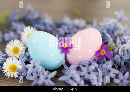 Deux oeufs de Pâques parmi les fleurs du printemps Banque D'Images