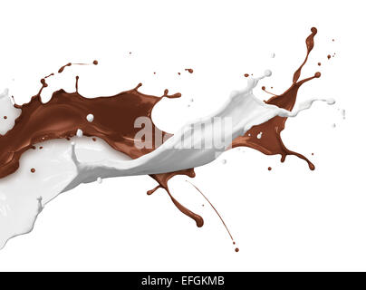 Le lait et le chocolat splashing isolated on white Banque D'Images