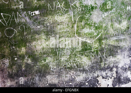 Graffiti sur l'ancien plâtre travaux de la Old Hall Hardwick Hall, ancienne maison originale d'Elizabeth Shrewesbury épouse du duc de D Banque D'Images