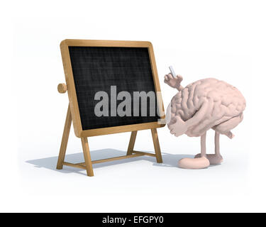 Cerveau humain avec les bras, les jambes et la craie sur tableau noir en face de la main, 3d illustration Banque D'Images