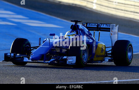 Pilote automobile suédois Marcus Ericsson de Sauber F1 Team, dirige la nouvelle C34 au cours de la session de formation pour la prochaine saison de Formule 1 au Jerez à Jerez de la Frontera, Espagne du Sud, 04 février 2015. PHOTO : PETER STEFFEN/dpa Banque D'Images