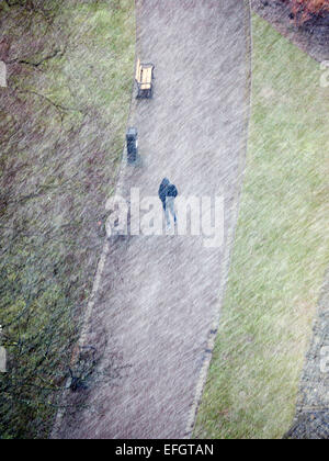 Personne prise en tempête de neige marche à travers l'Angleterre Sheffield Park Banque D'Images