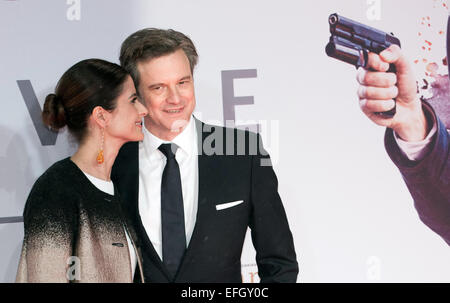 Berlin, Allemagne. 3, 2015. Acteur Colin Firth (R) et son épouse Livia Giuggioli arrivent pour te première du film 'Kingsman : le Service Secret' à Berlin, Allemagne, 3 février 2015. Le film commence dans les salles allemandes le 12 mars 2015. Dpa : Crédit photo alliance/Alamy Live News Banque D'Images