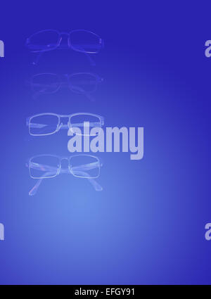 Quatre paires de lunettes en un fond bleu dégradé, conçu comme un arrière-plan pour des articles sur la vue,examens des yeux, des verres Banque D'Images