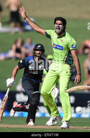 Napier, Nouvelle-Zélande. 06Th Feb 2015. Mohammad Irfan appels. Un jour de l'ANZ série international de cricket. Match 2 entre la Nouvelle-Zélande chapeau noir et le Pakistan au McLean Park de Napier, Nouvelle-Zélande. © Plus Sport Action/Alamy Live News Banque D'Images