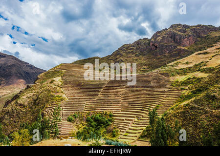 Pisac, ruines Incas dans les Andes péruviennes à Cuzco au Pérou Banque D'Images