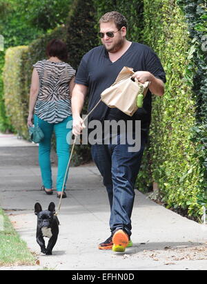 Jonah Hill promène son bouledogue français Carmela avec : Jonah Hill où : Los Angeles, California, United States Quand : 02 août 2014 Banque D'Images